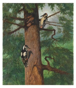HANS SCHMIDT (Germany, 1877-1958), Woodpeckers in a tree., Oil on canvas, 32" x 27.5". Unframed.