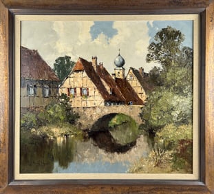 ERICH PAULSEN (Germany, 1932-), "Village"., Oil on canvas, 27" x 30". Framed 35" x 38.5".