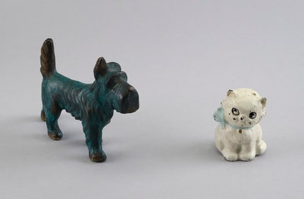 TWO PAINTED METAL ANIMALS Early 20th Century Heights 1.5" and 2.25". Lengths to 3.5".