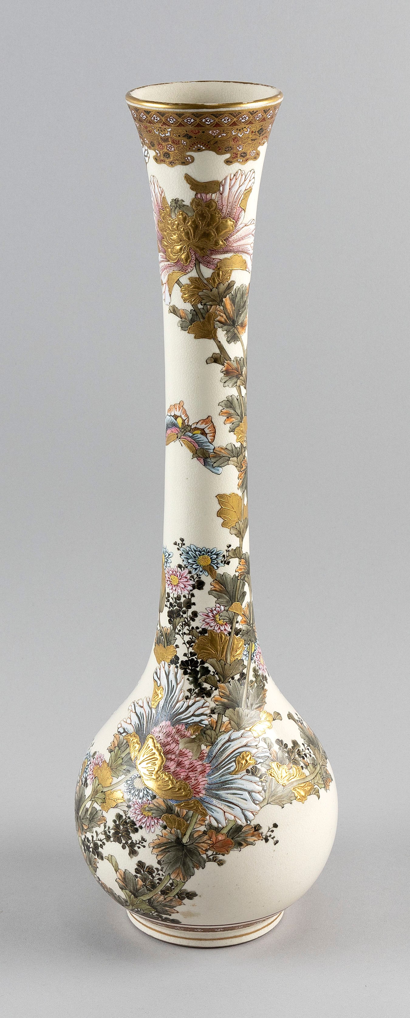 JAPANESE SATSUMA PORCELAIN BOTTLE VASE Late 19th Century Height 18".