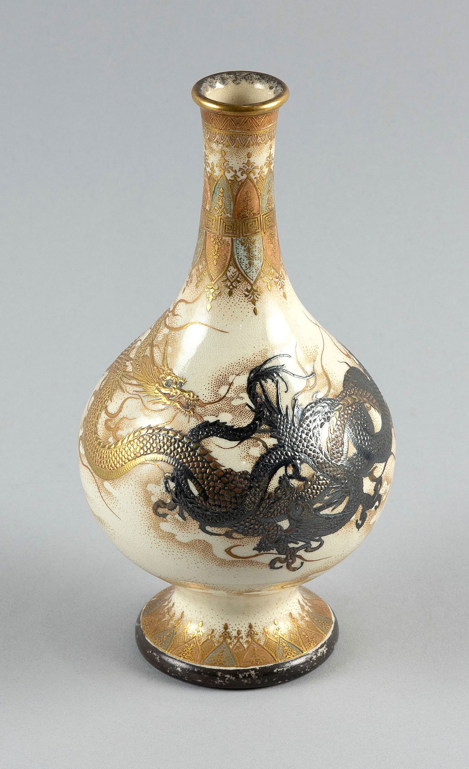JAPANESE SATSUMA PORCELAIN BOTTLE VASE Late 19th Century Height 9". (1 of 7)