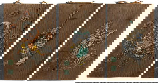 THREE JAPANESE RAKU POTTERY DEITY FIGURES MOUNTED ON WOODEN PANELS Late 19th/Early 20th Century Each