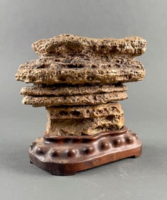 JAPANESE SUISEKI SCHOLAR'S STONE Height 7". Width 8". With a wooden stand.