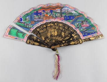 CHINESE EXPORT LACQUER AND PAPER FAN IN A FITTED BOX 19th Century Box height 2.5". Width 12.5".