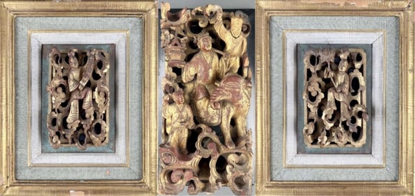 THREE CHINESE GILT AND RED LACQUERED OPEN-CARVED WOOD PLAQUES, 19th Century