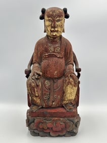 CHINESE CARVED GILTWOOD TEMPLE FIGURE 19th Century Height 13". Base 5.5" x 3.5".
