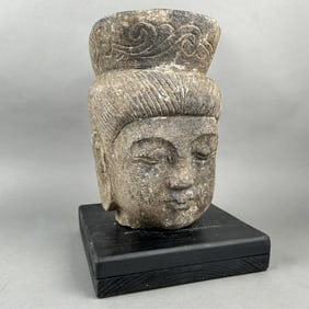 CHINESE CARVED STONE HEAD OF GUANYIN Ming Dynasty Height 8.5". Base 7.5" x 7.5".