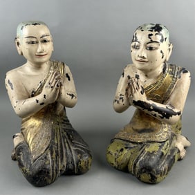 PAIR OF BURMESE CARVED WOOD FIGURES OF MONKS KNEELING IN PRAYER Mandalay Period, Late 19th Century