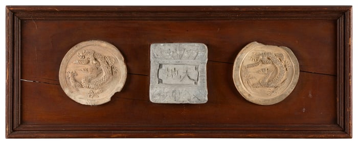 SET OF THREE LARGE CHINESE SEAL PLAQUES 19th Century Lengths 6" and 7". Backboard 13" x 35".