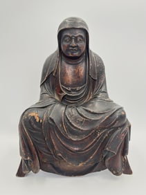 JAPANESE LACQUERED CARVED WOOD FIGURE OF DARUMA (BODHIDHARMA) Edo Period Height 11".