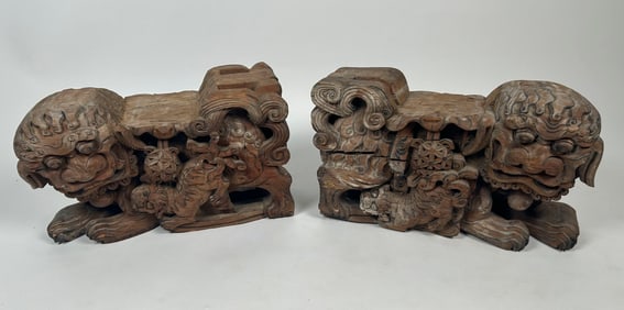 PAIR OF JAPANESE CARVED SOFTWOOD BUDDHISTIC FU DOG ARCHITECTURAL ELEMENTS Meiji Period Heights 12".