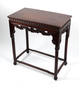 CHINESE CARVED ELMWOOD TABLE 19th Century Height 34". Width 31.5". Depth 17.5".
