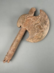 CHINESE ARCHAIC-STYLE CARVED JADE CEREMONIAL AXE Length 14". Blade width 7".