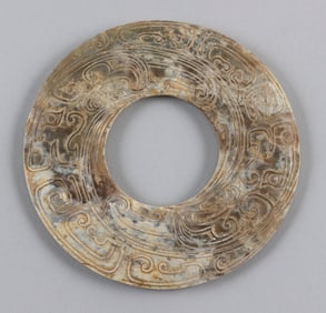CHINESE ARCHAIC CARVED JADE BI Diameter 6".