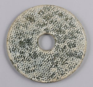 CHINESE ARCHAIC CARVED CALCIFIED GREEN JADE BI Diameter 7".