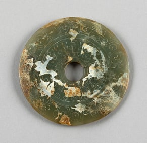 CALCIFIED CELADON GREEN JADE BI 18th Century or Earlier Diameter 3.5".