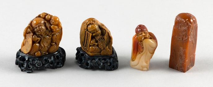 FOUR SHOUSHAN STONE PEBBLES 19th/20th Century Lengths from 1.5" to 2". Each with a fitted case; two