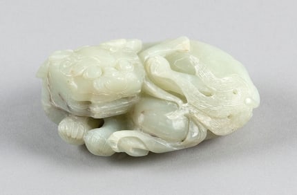 CHINESE CARVED PALE CELADON NEPHRITE JADE RECLINING LION 18th Century Length 4.5".