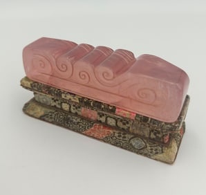 CHINESE CARVED PINK QUARTZ BRUSH REST 19th Century Height 1". Length 3.75". Width 1". With a stand,