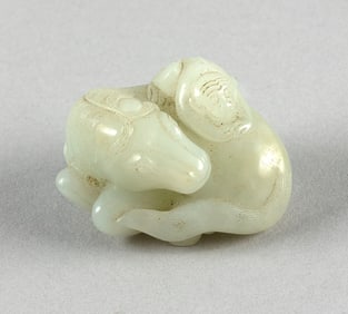 CARVED CELADON JADE ANIMAL GROUP 19th Century Length 2".