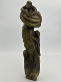 CHINESE CARVED GREEN JADE FIGURE GROUP Late 19th Century Height 7".