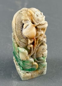 CHINESE CARVED MOTTLED CELADON AND MUTTONFAT JADE SEAL 19th Century Height 2.75".