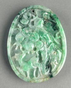 CHINESE CARVED MOTTLED GREEN JADE PENDANT Length 2.5".
