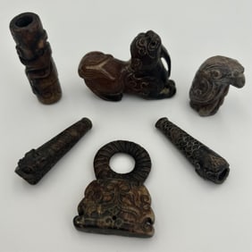 SIX SMALL BROWN JADE CARVINGS 19th Century or Earlier Lengths from 1.5" to 2.25".