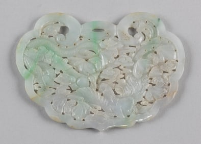 CHINESE OPEN-CARVED PALE LAVENDER AND CELADON JADE PLAQUE 19th Century Length 5".