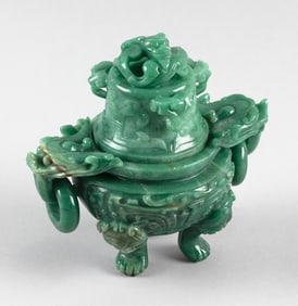 CHINESE CARVED GREEN AVENTURINE QUARTZ COVERED KORO Height 7". Length across handles 7".