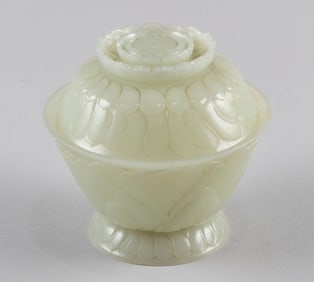 CARVED PALE CELADON JADE COVERED BOWL 19th Century Height 4.5". Diameter 4.5".