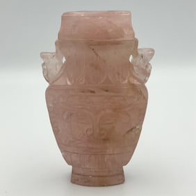 CARVED PINK QUARTZ COVERED VASE Height 4.5".