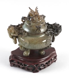 CHINESE CARVED GREEN SERPENTINE JADE COVERED KORO 20th Century Height 7". Length across handles 7".