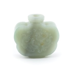 CARVED WHITE/LIGHT CELADON JADE SNUFF BOTTLE Late 19th/Early 20th Century Height 2".