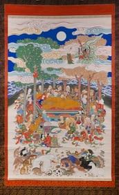 LARGE JAPANESE SCROLL PAINTING OF PARINIRVANA 20th Century On paper, 62" x 40".