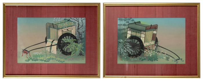 AFTER BAKUFU OHNO (Japan, 20th Century), Pair of ox cart views., Woodblock prints, oban yoko-e, 10"