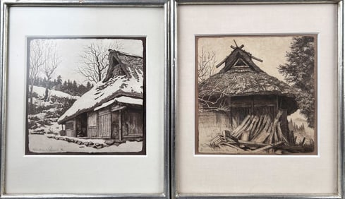 BRIAN WILLIAMS (Japan/America, 1950-), Two architectural views:, Etchings, 6.75" x 6.75". Framed 12"