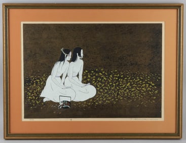 RYUSEI (YOSHIMI) OKAMOTO (Japan, 1949-), Fox spirits in a landscape., Woodblock print, dai oban