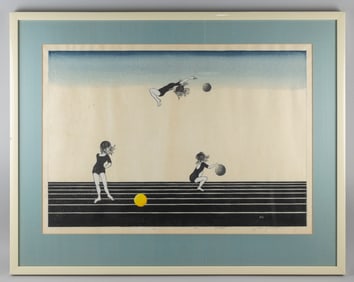 MIEKO KAWACHI (Japan, 1947-), Two girls playing ball, 1977., Woodblock print, 31" x 24" sight.