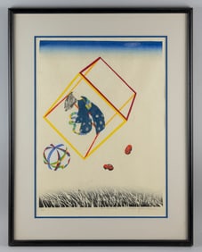 MIEKO KAWACHI (Japan, 1947-), Girl flying within a cube, 1974., Woodblock print, 23" x 17" sight.