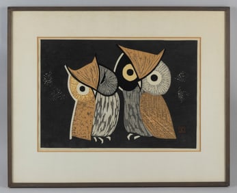 KAORU KAWANO (Japan, 1916-1965), Two little owls, circa 1950., Woodblock print, oban yoko-e, 10.5" x