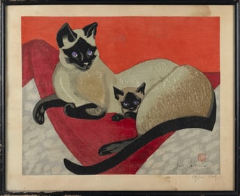 SEKINO JUN'ICHRIO (Japan, 1914-1988), Siamese cats, 1959., Woodblock print, dai oban yoko-e, 20.5" x