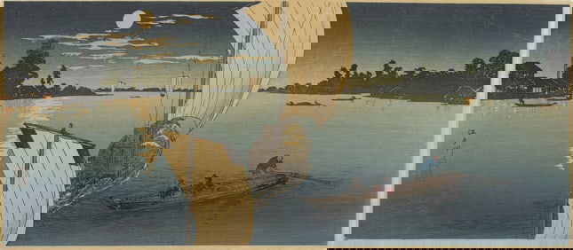 TAKAHASHI SHOTEI (Japan, 1871-1945), Edo River, circa 1935., Woodblock print, 6.5" x 15". Unframed.
