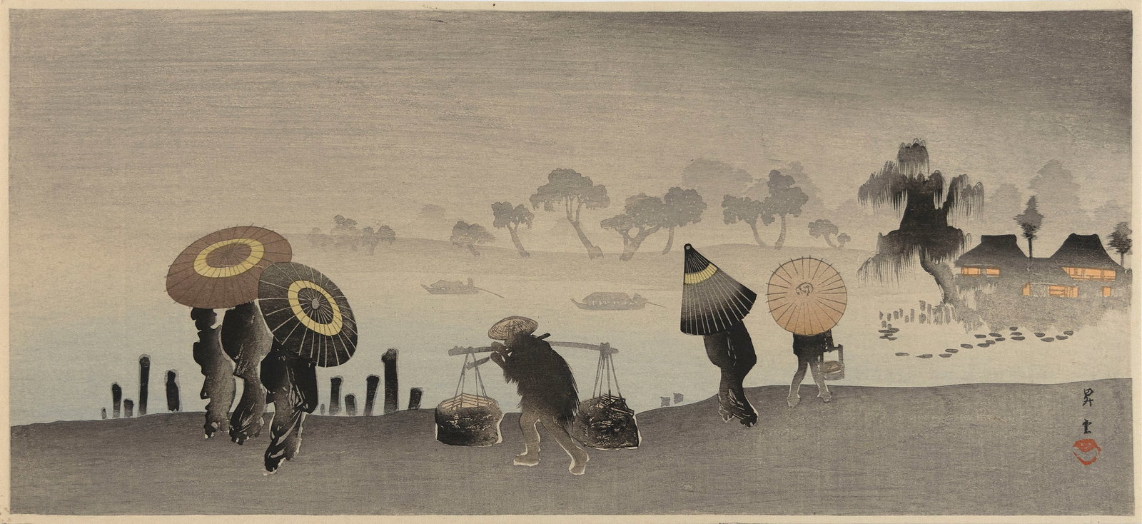 YAMAMOTO SHOUN (Japan, 1870-1965), Parasols at riverside., Woodblock print, 6.75" x 15". Unframed.: YAMAMOTO SHOUN Japan, 1870-1965 Parasols at riverside. Woodblock print, 6.75" x 15". Unframed.