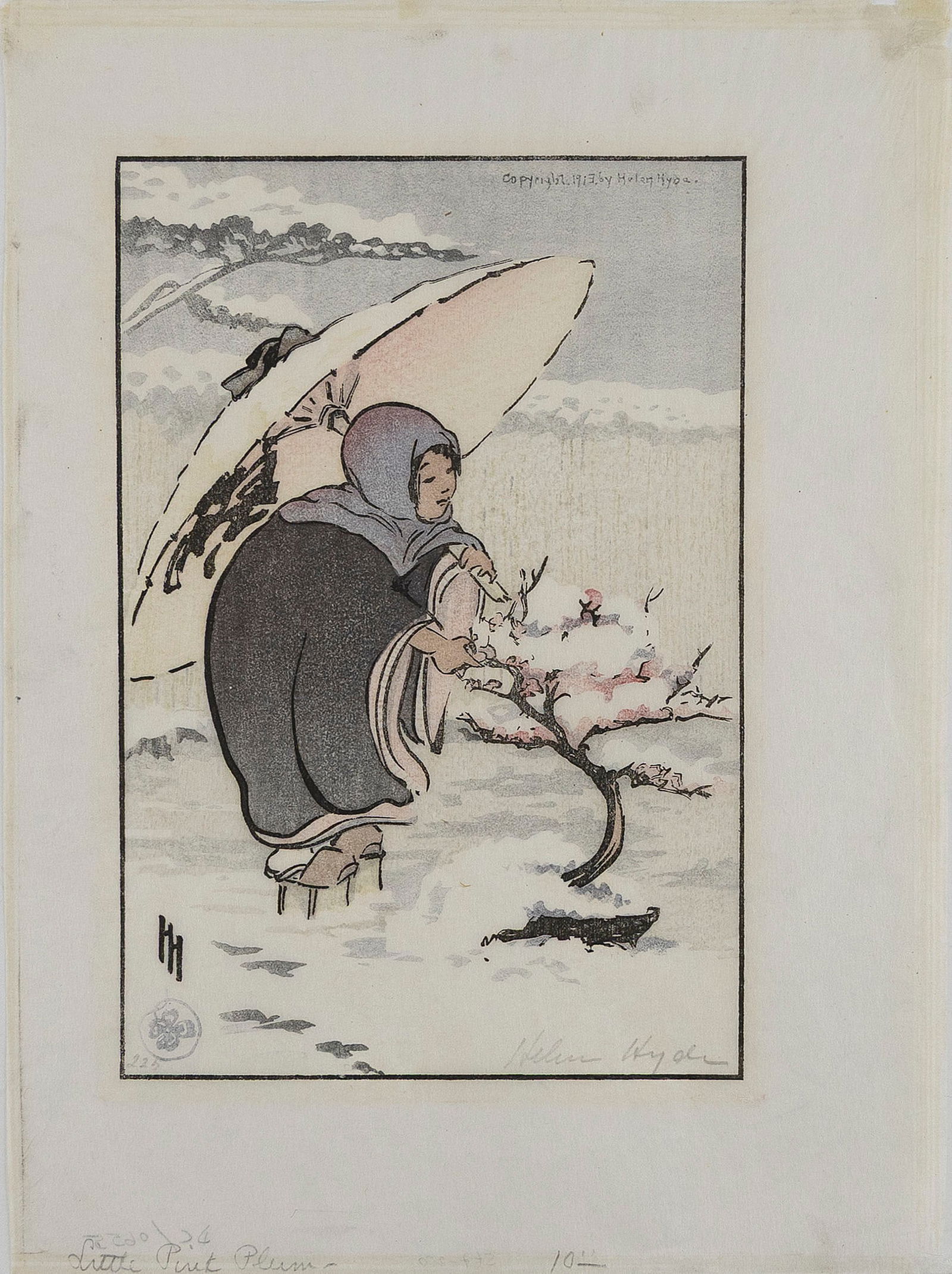 HELEN HYDE (California/Japan, 1868-1919), "Little Pink Plum", copyright 1913., Woodblock print on: HELEN HYDECalifornia/Japan, 1868-1919"Little Pink Plum", copyright 1913. Signed lower right "Helen Hyde". Monogrammed over a clover seal lower left.Woodblock print on tissue-thin paper, 11" x 8". Unfr