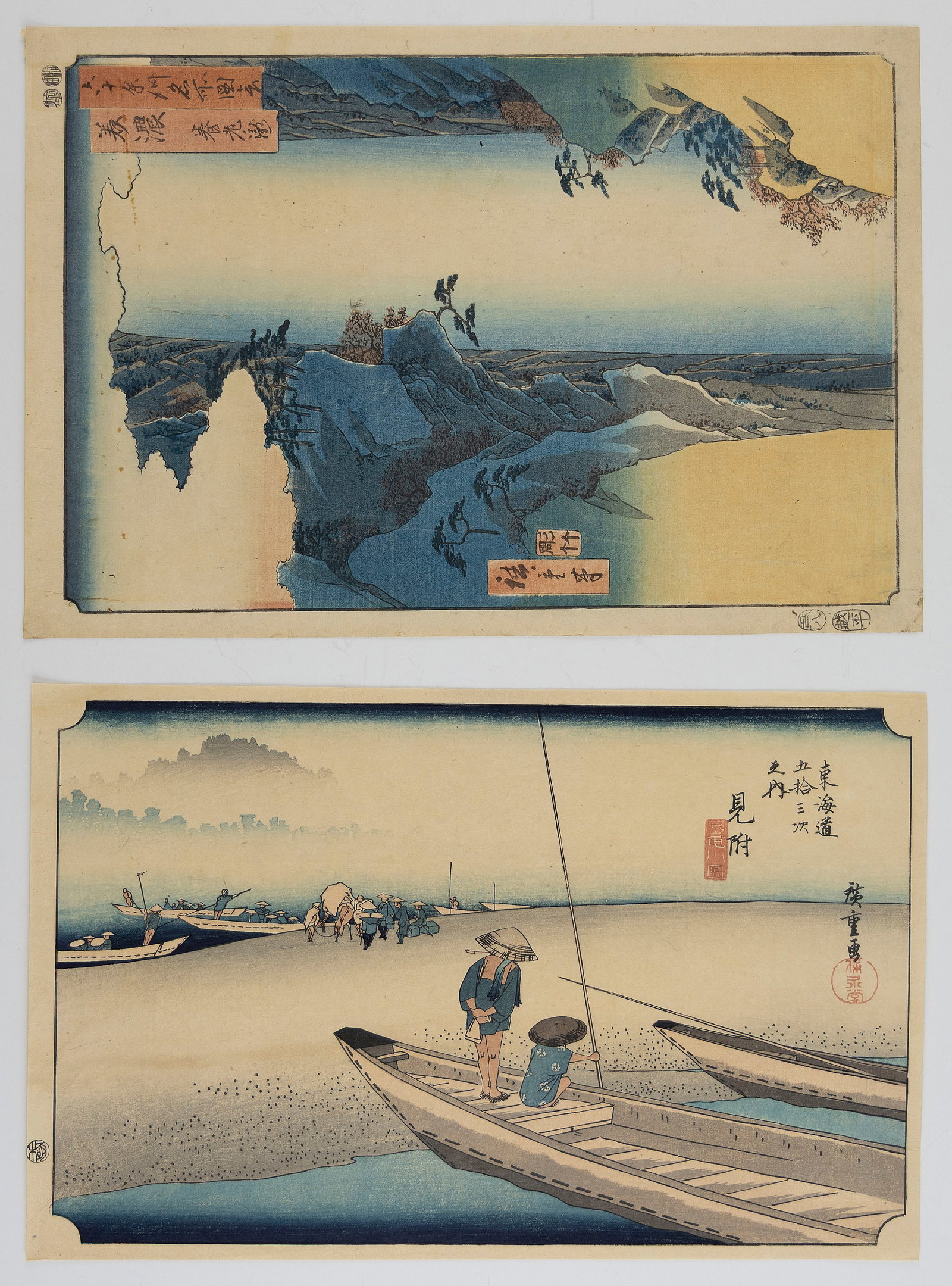 UTAGAWA HIROSHIGE (Japan, 1797-1858), Two views:: UTAGAWA HIROSHIGE Japan, 1797-1858 Two views: Tenryugawa Ferry, Station No. 29. 2) Mount Fuji seen on the left at Yoshiwara. Woodblock prints, oban, 14.5" x 10". Unframed.
