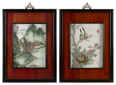 TWO CHINESE FAMILLE ROSE PORCELAIN TILE PAINTINGS Late 19th/Early 20th Century 12" x 8.5" sight.
