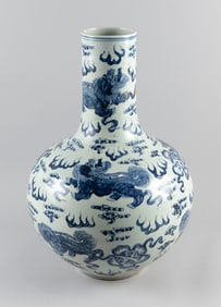 CHINESE BLUE AND WHITE PORCELAIN BOTTLE VASE 19th Century Height 19".