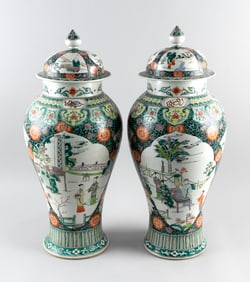 PAIR OF CHINESE FAMILLE VERTE PORCELAIN COVERED TEMPLE JARS Republic Period Heights 23".