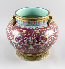 CHINESE FAMILLE ROSE PORCELAIN JARDINIERE Late 19th/Early 20th Century Height 11". Length across